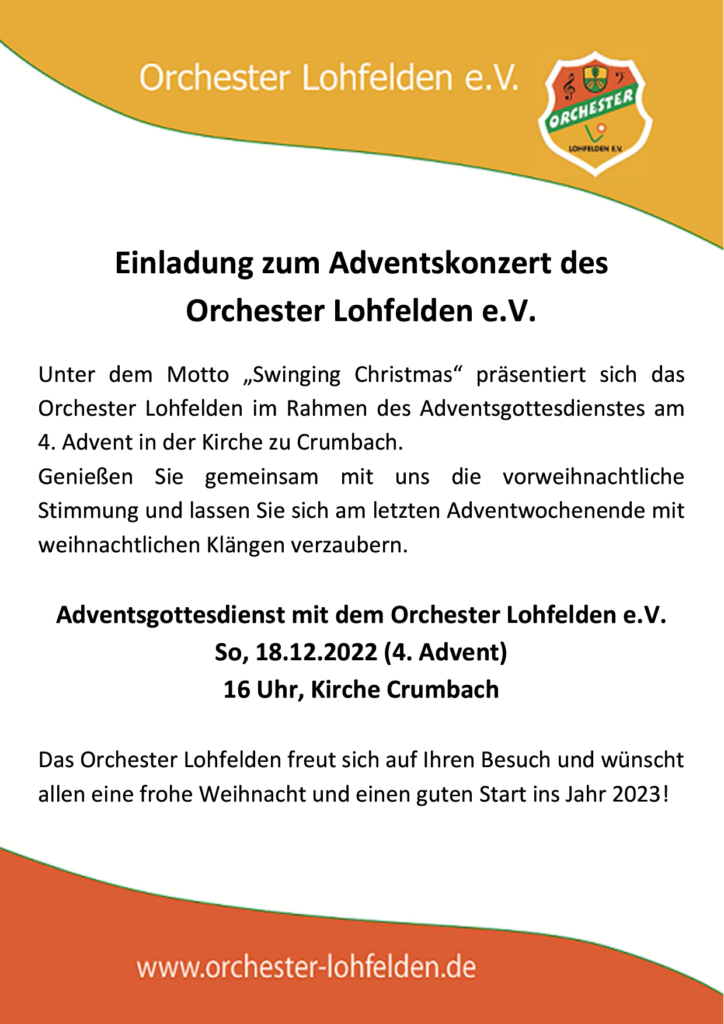 „Swinging Christmas“ mit dem Orchester Lohfelden e.V. am 18.12. 16:00Uhr in der Kirche Crumbach